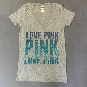 Victorias Secret Pink Shirt Womens Medium Gray Sequin Love Pink Graphic Tee
